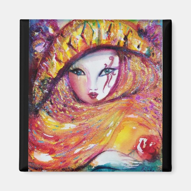 AIMANT CARNAVAL EN JAUNE D'OR AVEC ROSE ROUGE (Devant)