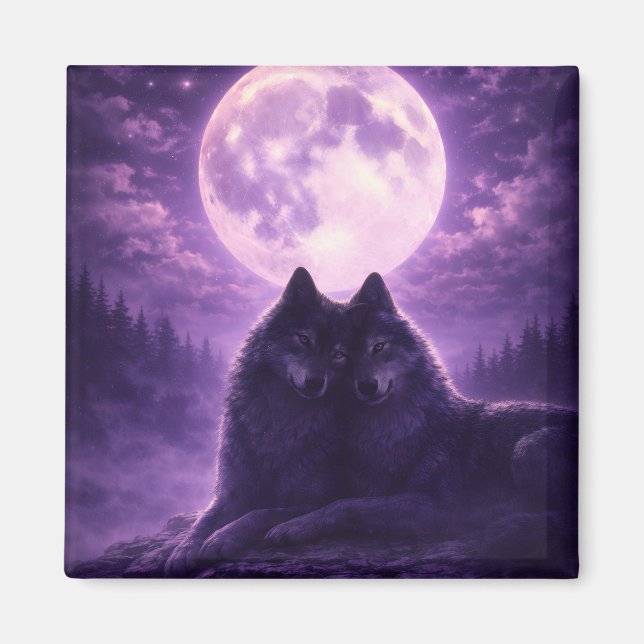 Aimant Carré aimanté Loups au clair de lune (Devant)