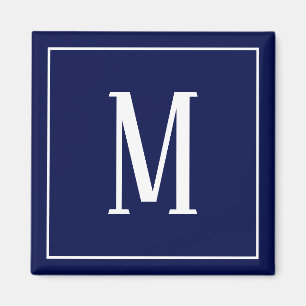 Aimant carré avec monogramme blanc sur fond bleu m
