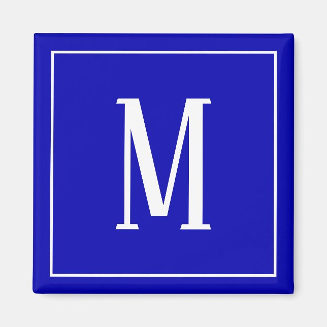 Aimant carré avec monogramme blanc sur fond bleu r (Devant)