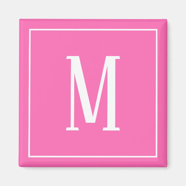 Aimant carré blanc sur fond rose avec monogramme (Devant)