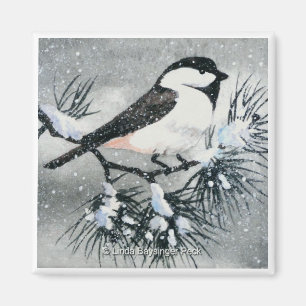 Aimant Carré d'oiseau de Chickadee couvert par noir