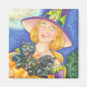 AIMANT CARRÉ HALLOWEEN CHAT NOIR KITTENS & WITCH