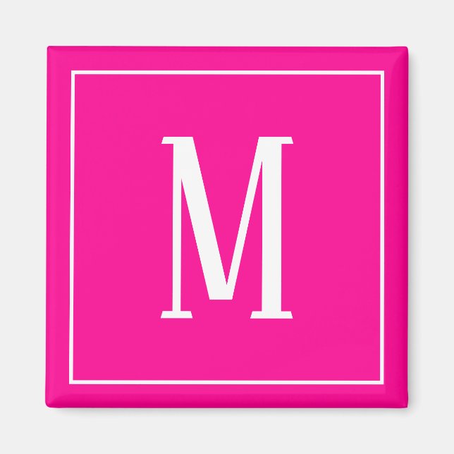 Aimant carré Monogramme blanc sur fond rose vif (Devant)