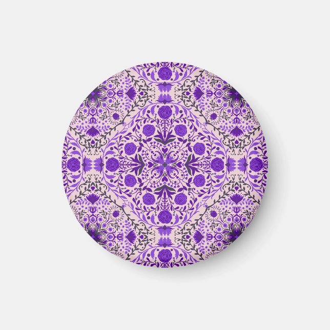 Aimant Carreaux floraux en violet et coton bonbon rose (Devant)