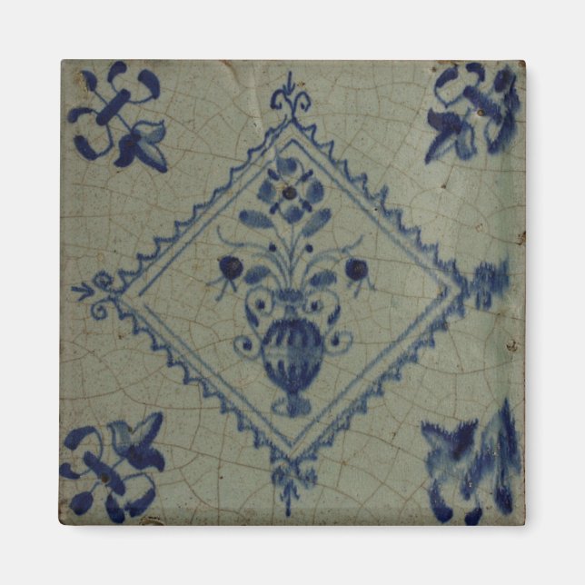 Aimant Carrelage Bleu Delft - Vase avec Fleurs et Bouquet (Devant)