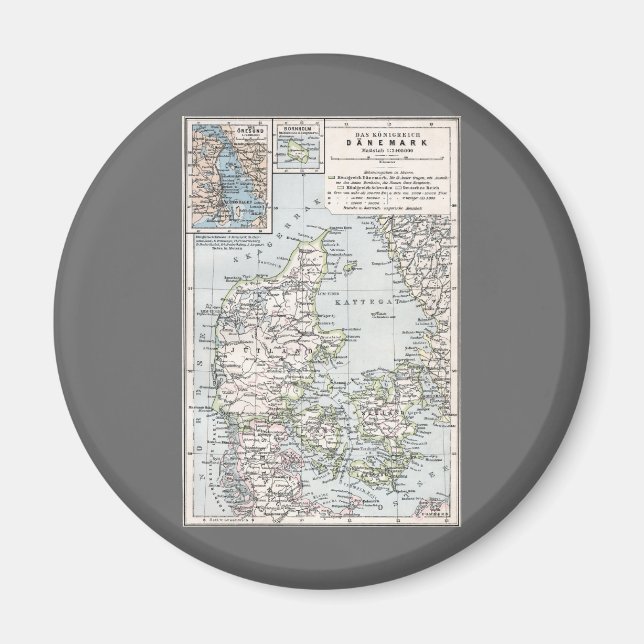 Aimant Carte antique du Danemark, Danmark en danois, 1905 (Devant)