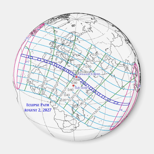 Aimant Carte de l'éclipse solaire totale de 2027 (Devant)