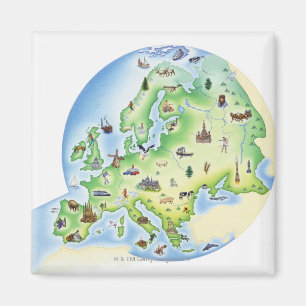 Aimant Carte de l'Europe avec des illustrations de célèbr
