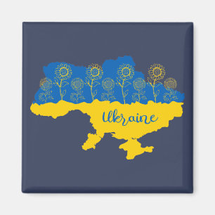 Aimant Carte de l'Ukraine avec tournesol et drapeau ukrai
