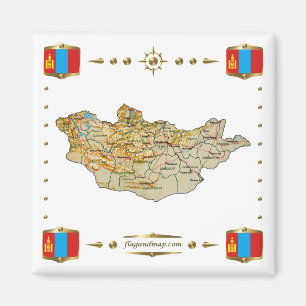 Aimant Carte de Mongolie + Magnat des drapeaux