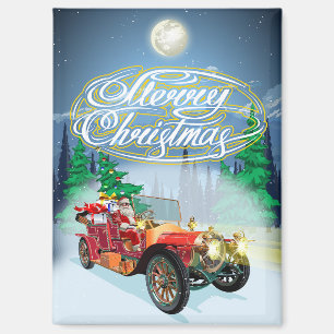 Aimant Carte de Noël avec voiture vintage et Père Noël