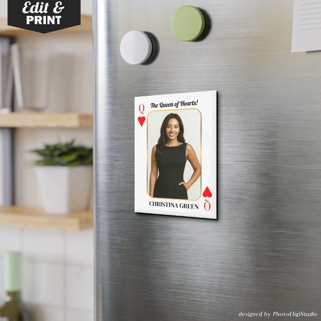 Aimant Carte de Poker personnalisée avec photo, Reine des (Custom Poker Card with Photo, Queen of Hearts Magnet Anniversary Valentines Couples Gift )