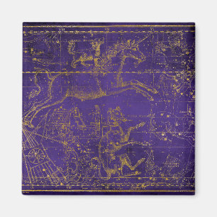 Aimant Carte des étoiles violette et or illustrée vintage
