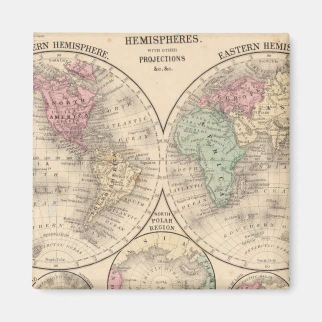 Aimant Carte des hémisphères du monde par Mitchell (Devant)