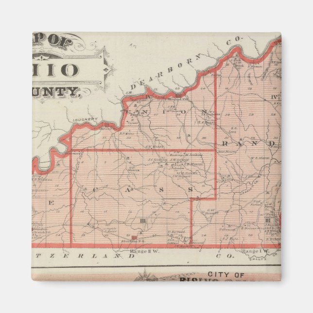 Aimant Carte du comté d'Ohio avec la ville de Rising Sun (Devant)