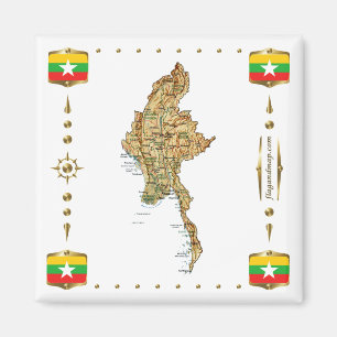 Aimant Carte du Myanmar + Magnat des drapeaux