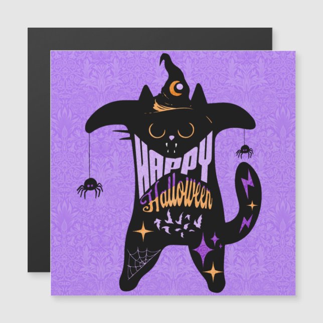 Aimant Carte Halloween Drôle Chat Noir Sorcière Ré (Devant / Derrière)