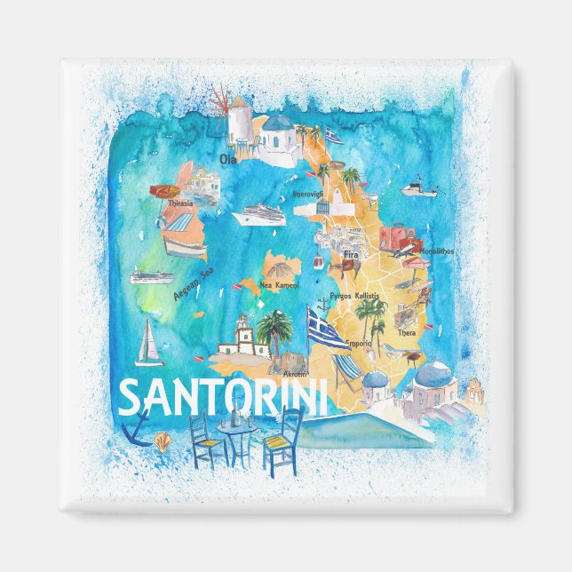 Aimant Carte illustrée de Santorin Grèce avec les princip (Devant)