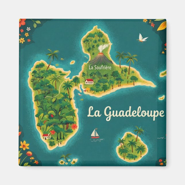 Aimant Carte Illustrée Guadeloupe – Île Tropicale | Guade (Devant)