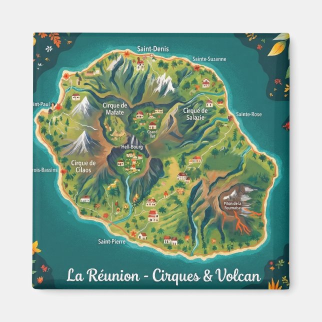 Aimant Carte Illustrée La Réunion – Cirques & Volcan (Devant)