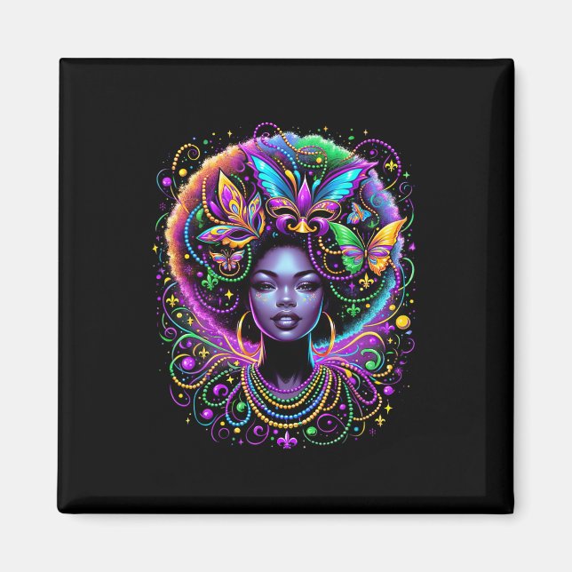 Aimant Carte Masque de perles de papillon afro-Queen noir (Devant)