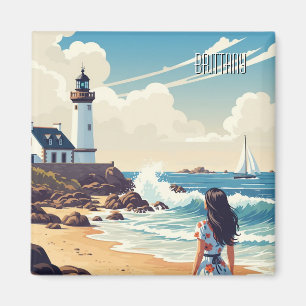 Aimant Carte postale vintage France Brittany Beach Lighth