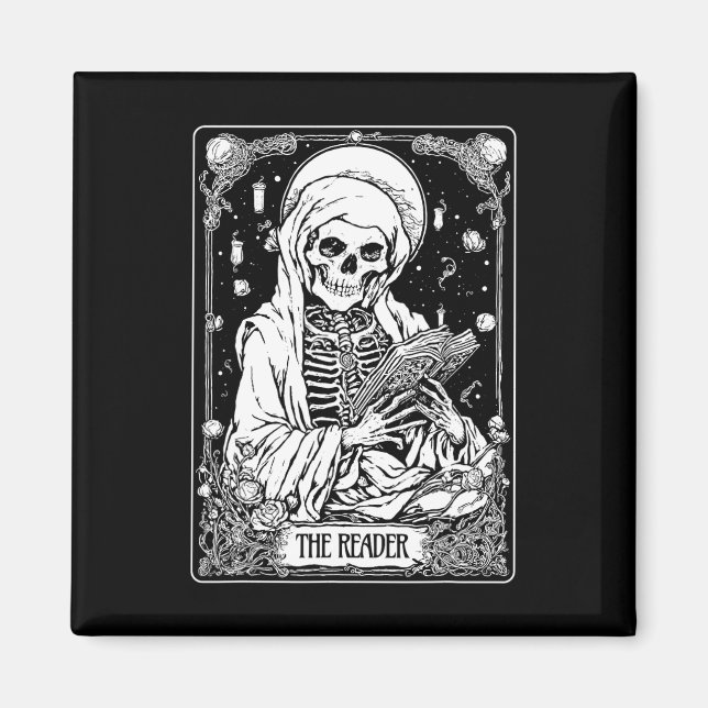 Aimant Carte Tarot Reader Skeleton Bookish Halloween S (Devant)
