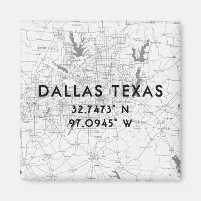 Aimant Carte Texas Dallas noir et blanc Coordonnées perso (Devant)