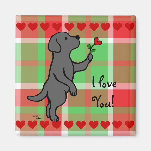 Aimant Cartoon noir Labrador minuscule à fleurs cardiaque (Devant)