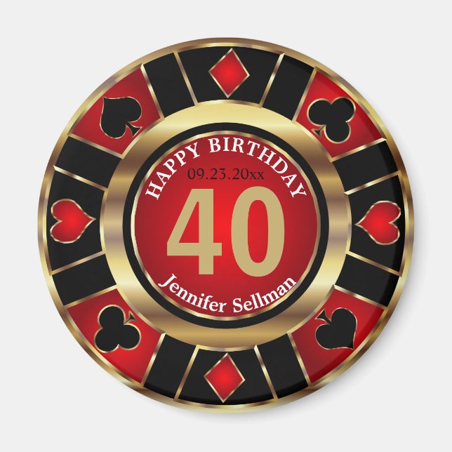 Aimant Casino Chip Las Vegas Anniversaire - Rouge et Or (Devant)
