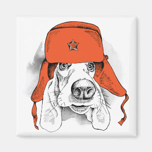 Aimant Casquette rouge de Basset Hound   Ushanka