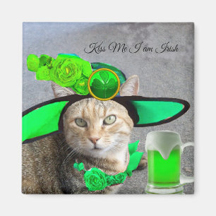 AIMANT CAT CHIC DU JOUR DE ST PATRICK, ROSES VERTS, BIÈR