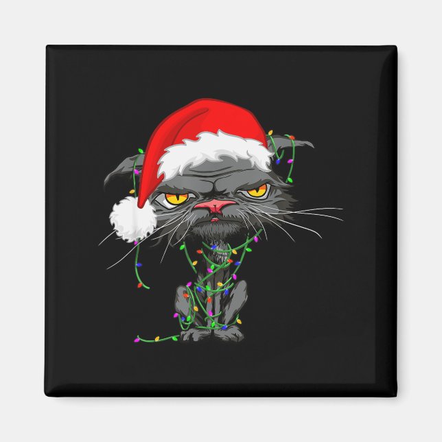Aimant Cat Christmas Lights Bored Cat Santa Hat Funny Cat (Devant)