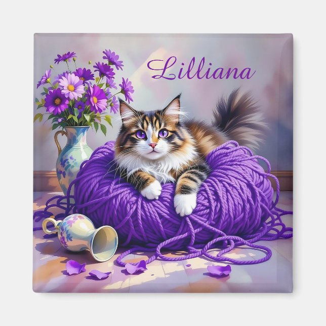 Aimant Cat  in Purple Yarn and Flowers Personalized (Devant)