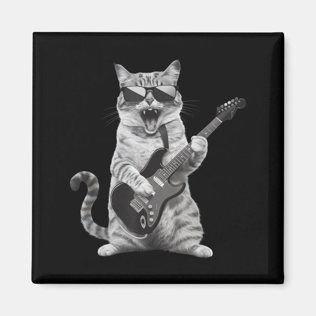 Aimant Cat Playing Guitar Rock Star Rock And Roll Men Wom (Devant)