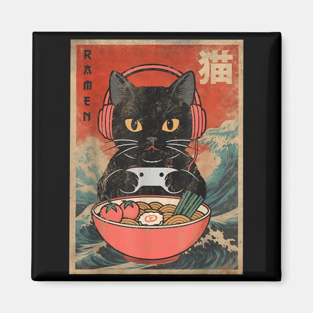 Aimant Cat Ramen Japanese Funny Graphic Kawaii Anime  (Devant)