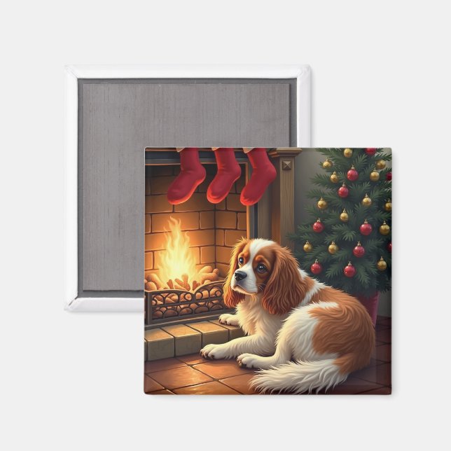 Aimant Cavalier King Charles au coin du feu de Noël (Recto/Verso)