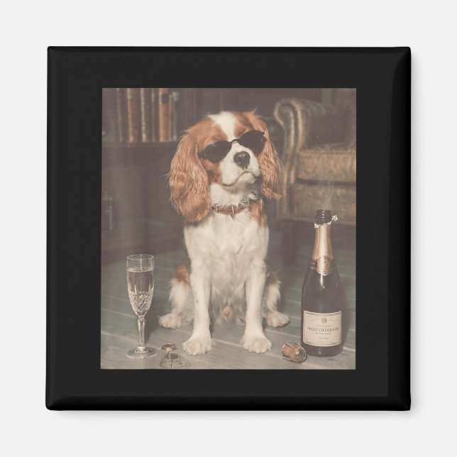 Aimant Cavalier King Charles buvant du champagne drôle (Devant)