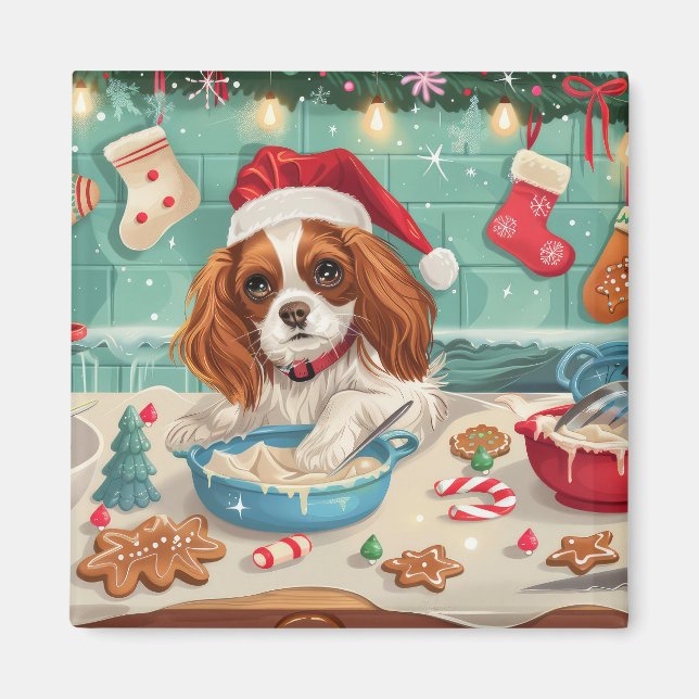 Aimant Cavalier King Charles Spaniel Cuisinant pour Noël (Devant)