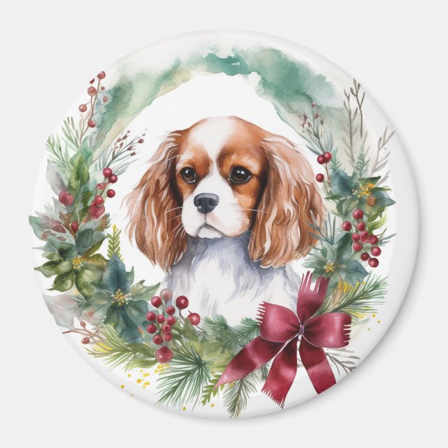 Aimant Cavalier King Christmas Wreath Festive Pup (Devant)