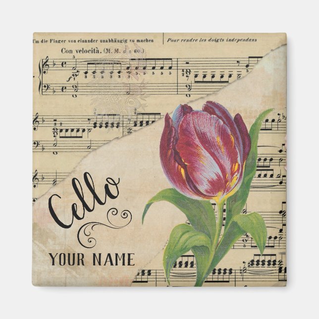 Aimant Cello Tulip Partition Vintage Musique Customisée (Devant)