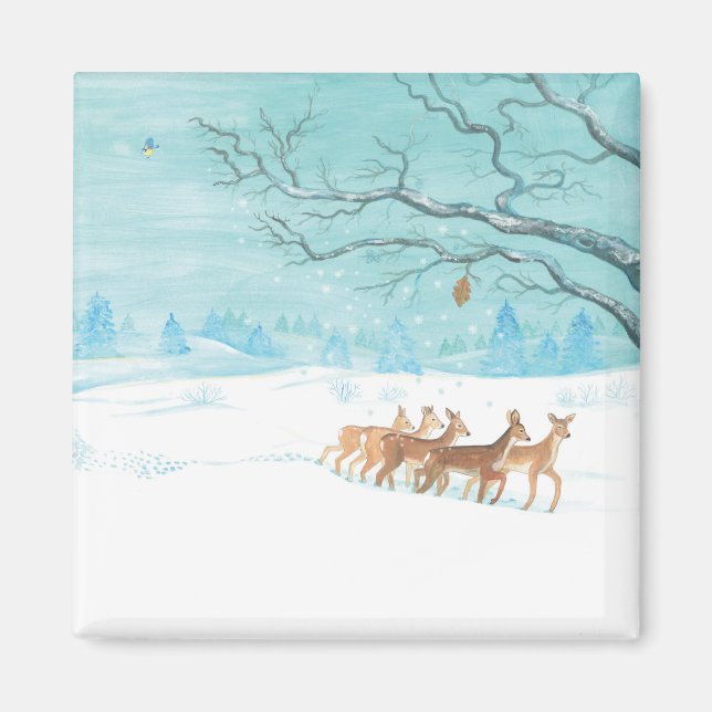 Aimant Cerf de chevreuil dans le bois d'hiver couvert de  (Devant)