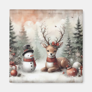 Aimant Cerf de Noël/bonhomme de neige en bois classique