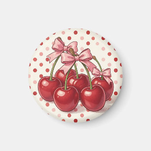Aimant Cerises Rouges Doux Rubans Roses Points Rétro