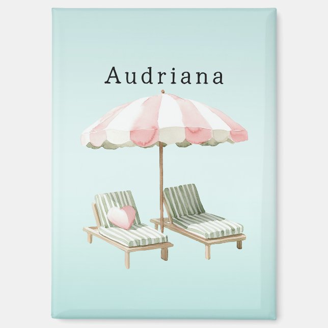 Aimant Chaises Longues Pink Green Heart Beach Parapluie (Recto)