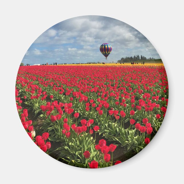 Aimant Champ de tulipe rouge avec ballon à air chaud (Devant)