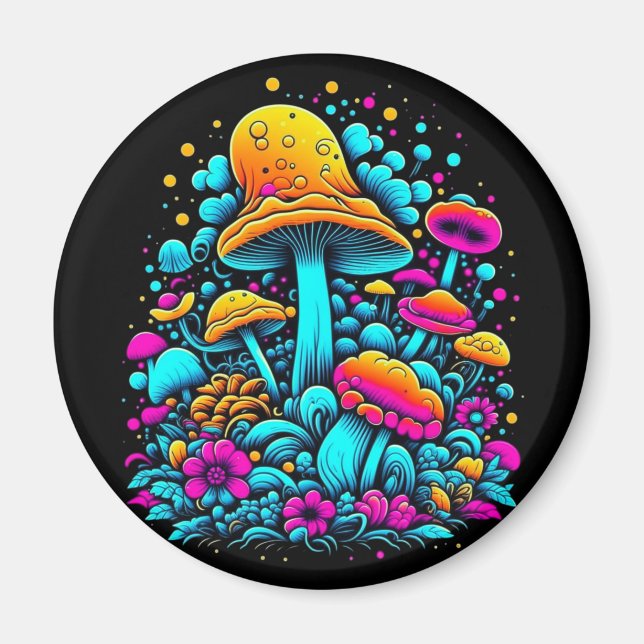 Aimant Champignons et fleurs rétro Neon Ai Art (Devant)