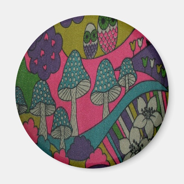 Aimant Champignons et hibou rétro (Devant)