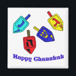 Aimant Chanukah Dreidels<br><div class="desc">Un joyeux cadeau de Chanukah avec 4 dreidels avec des lettres hébraïques qui représentent Un grand miracle s'est produit là!</div>
